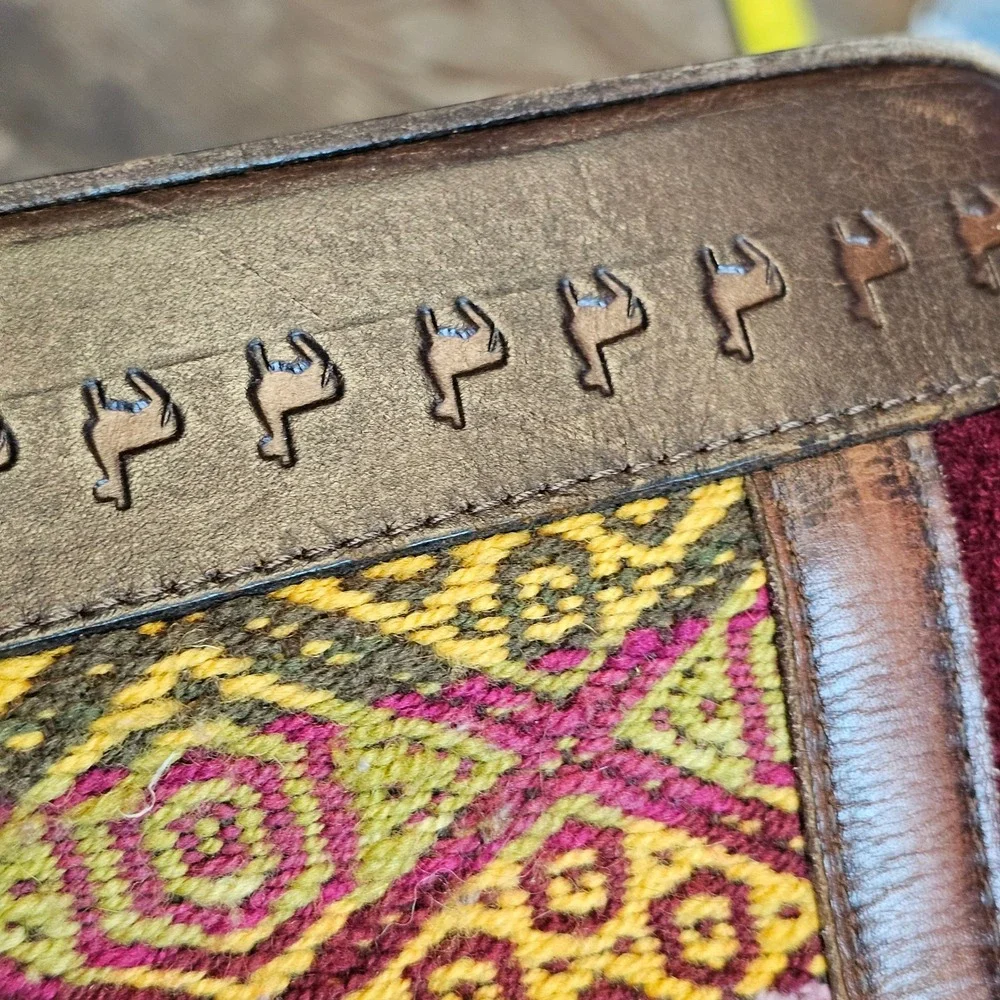 Handmade Andean Suede Leather Tote Bag Woven Textile Llama Stamp Burgundy Brown